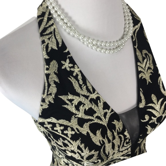 Windsor Halter Black Gold Embroider Open Back Fit n Flare Mini Dress sizE 3 - Picture 5 of 12